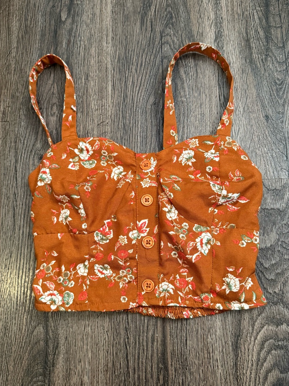 B.O.G. Collective Rust Floral Bustier Crop Top | Boho Button Front Cami | XS